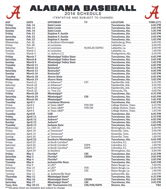 Schedule Alabama Baseball Fan Page